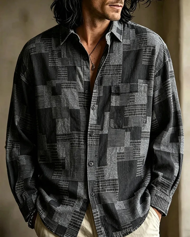 Vintage Geometric Patchwork Jacquard Oversized Long Sleeve Shirt