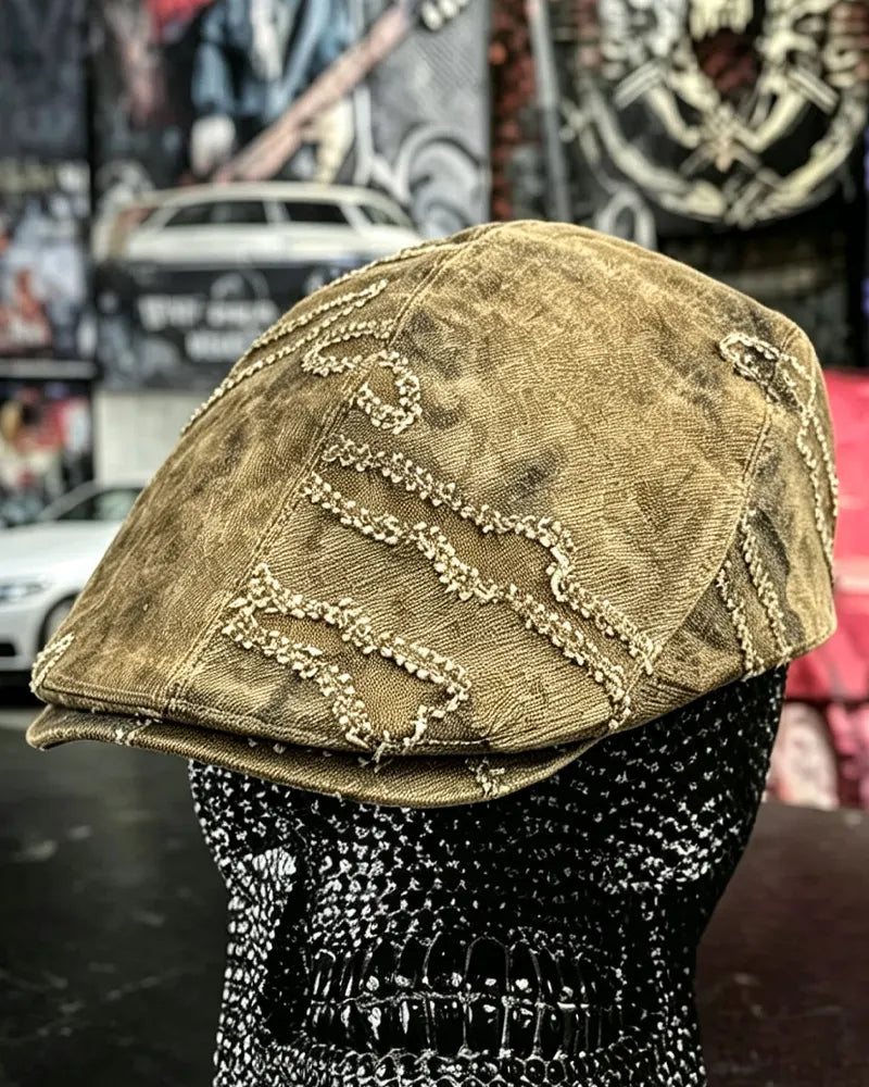 Vintage Washed Distressed Textured©\Stitch Embellished Denim Ivy Flat Cap