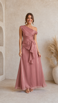 Dusty rose one-shoulder maxi dress with ruched waist and cascading ruffle detail front view