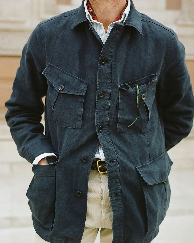 Vintage Dark Blue Collared Multi-pocket Jacket