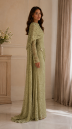 Side view of sage lace evening dress showing the flowing cape overlay and fitted silhouette