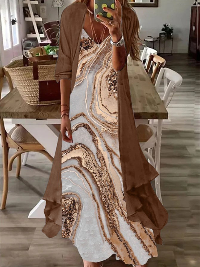 Nextmacys-Women's Long Sleeve V-neck Graphic Printed Two Pieces Maxi Dress