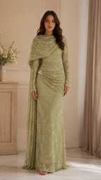 Front view of sage lace floor-length gown with fitted shape and wrap-style ruching