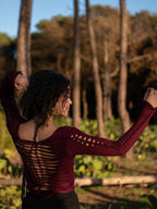 Boho Macrame Strappy Back Crop Top - Long Sleeve Cut-Out Festival Top