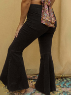 Wide Flare Bell-Bottom Jeans in Black with Frayed Hem