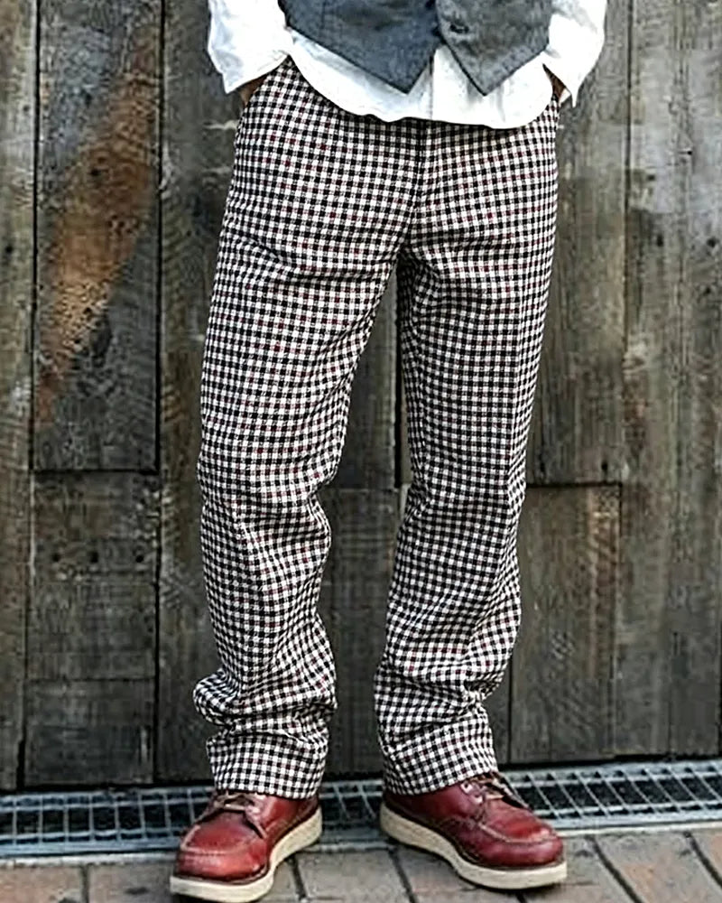 Vintage Burgundy Black Houndstooth Straight©\Leg Trousers