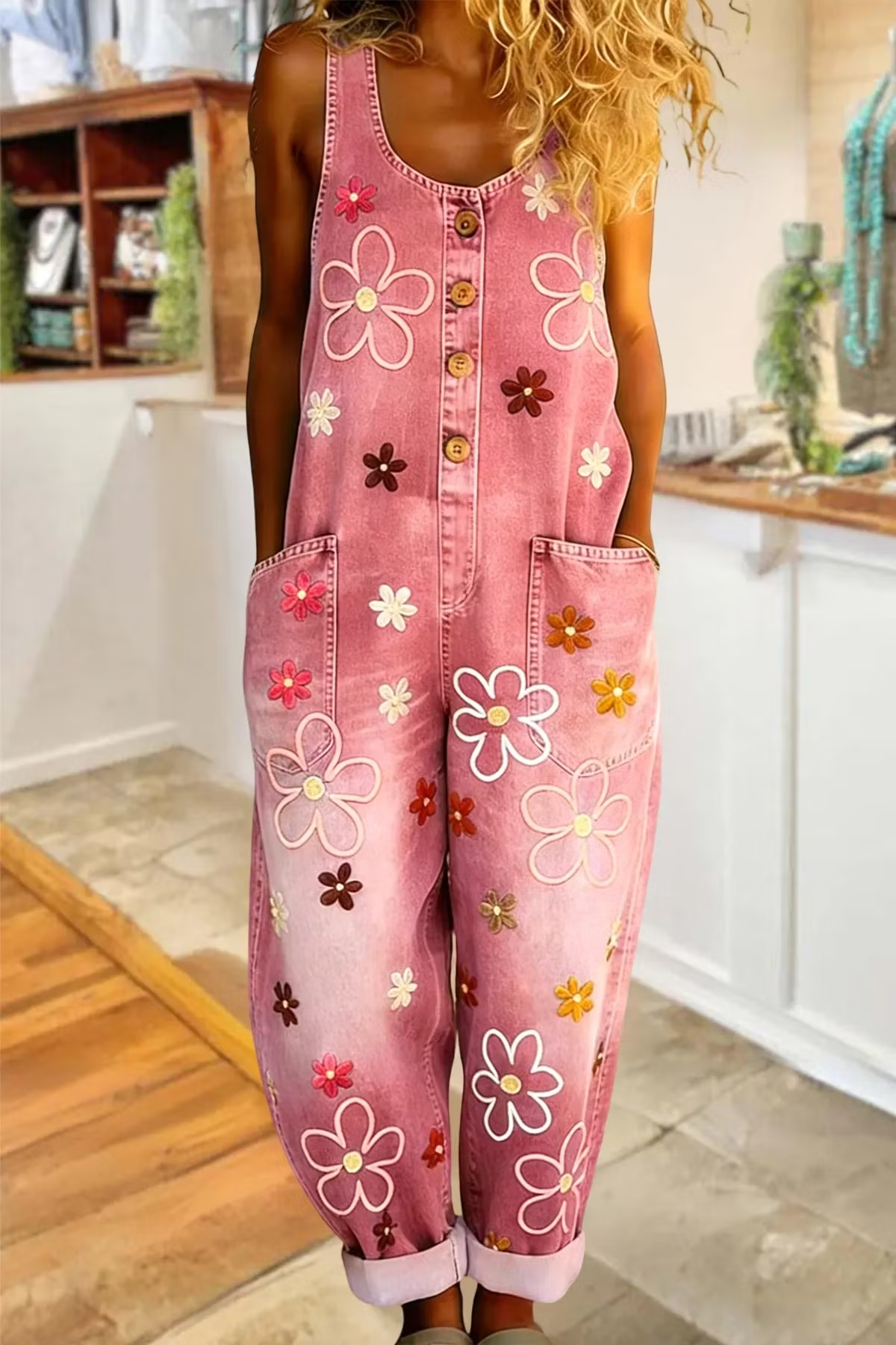 Multicolor Petal-Print Denim Jumpsuit