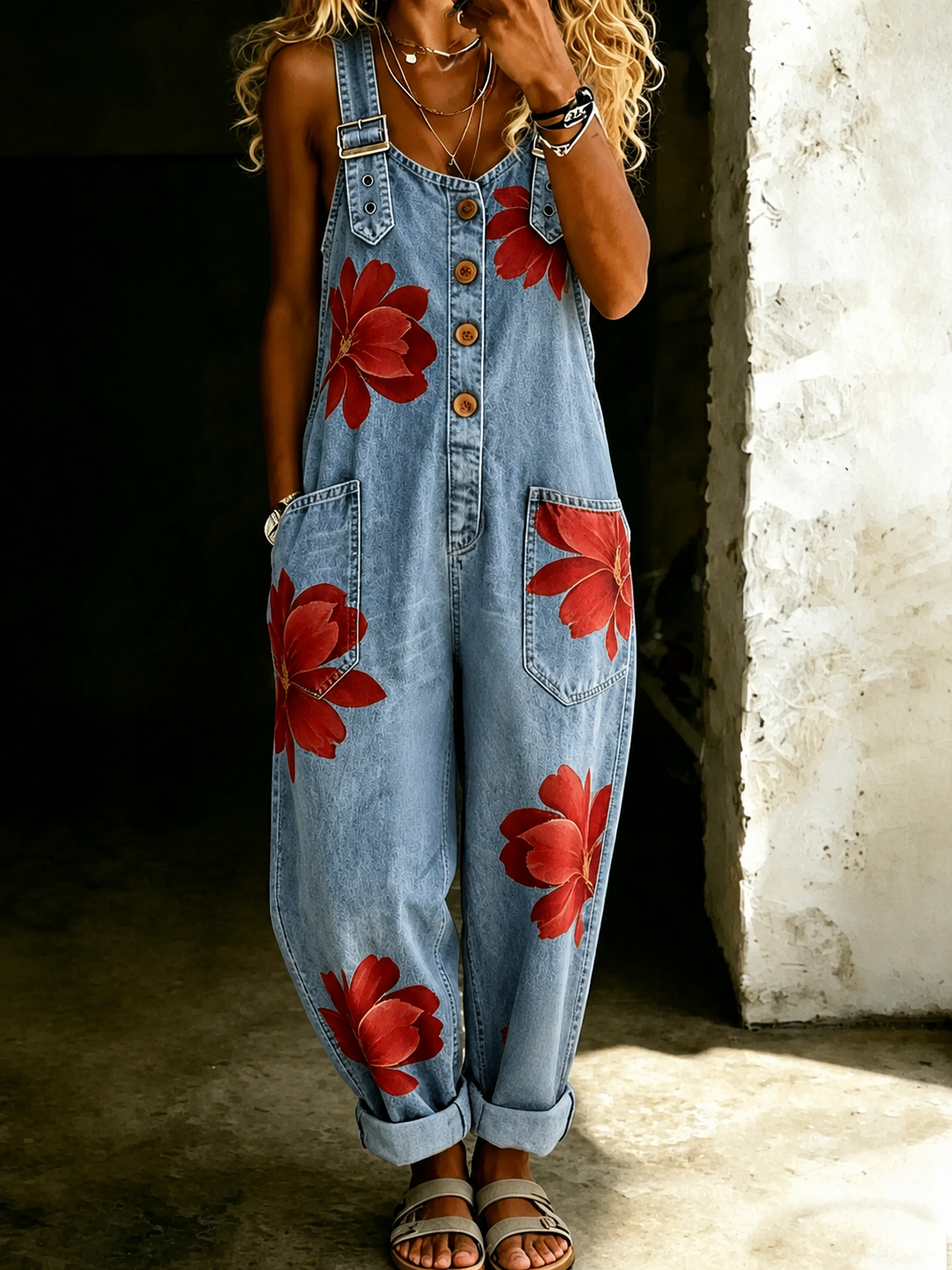 Women’s Fashionable Abstract Stripes Print Casual Denim Denim Patchwork Jumpsuit