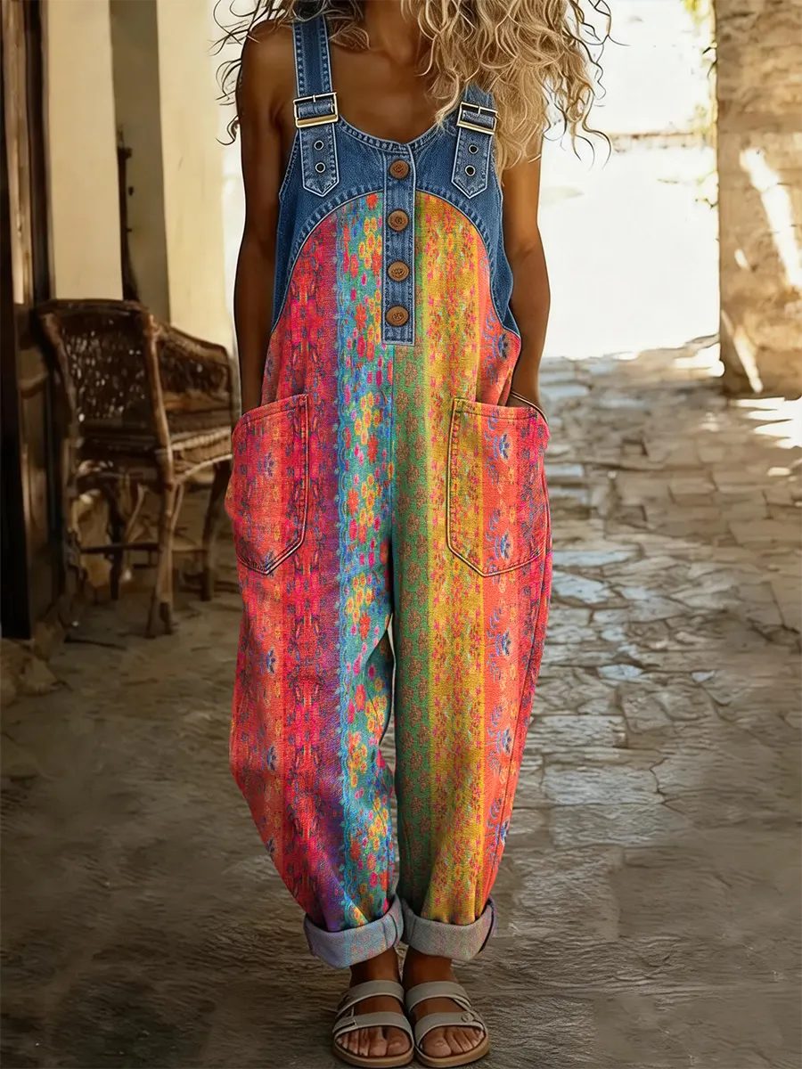 Women's Retro Art Print Denim Patchwork Jumpsuit