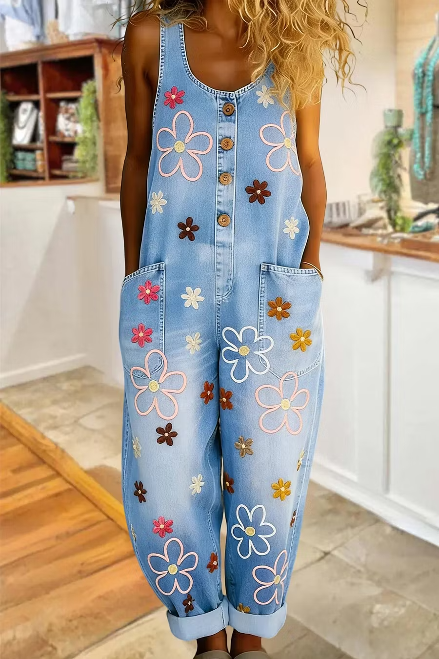 Multicolor Petal-Print Denim Jumpsuit