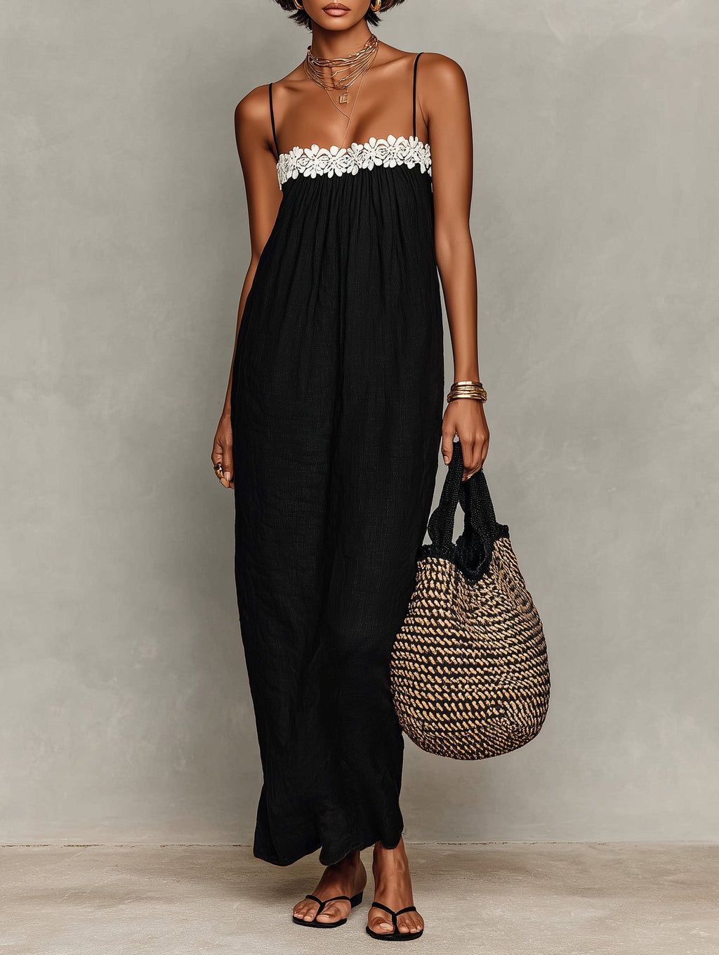 Linen Lace-Insert Strapless Maxi Dress