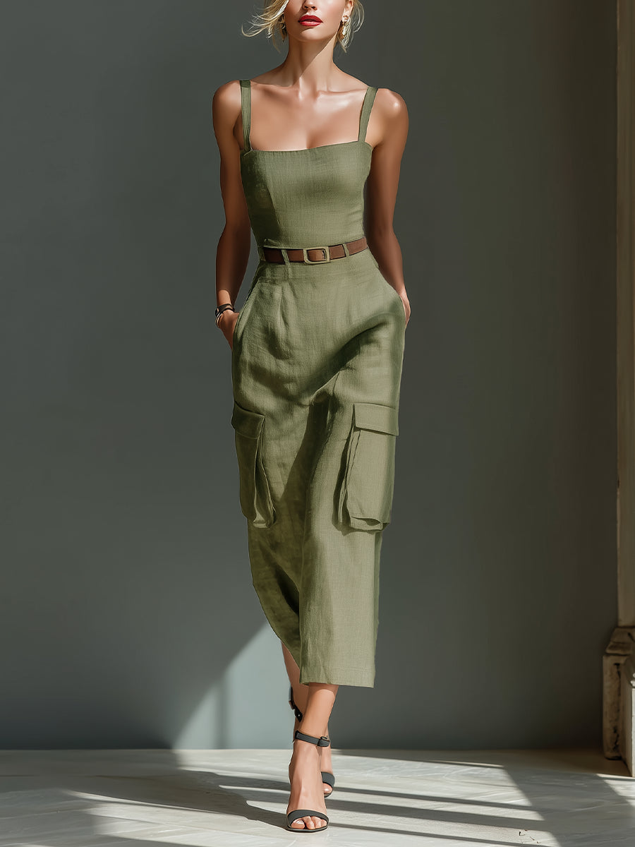 Olive Linen Utility Midi Dress(Includes belt)