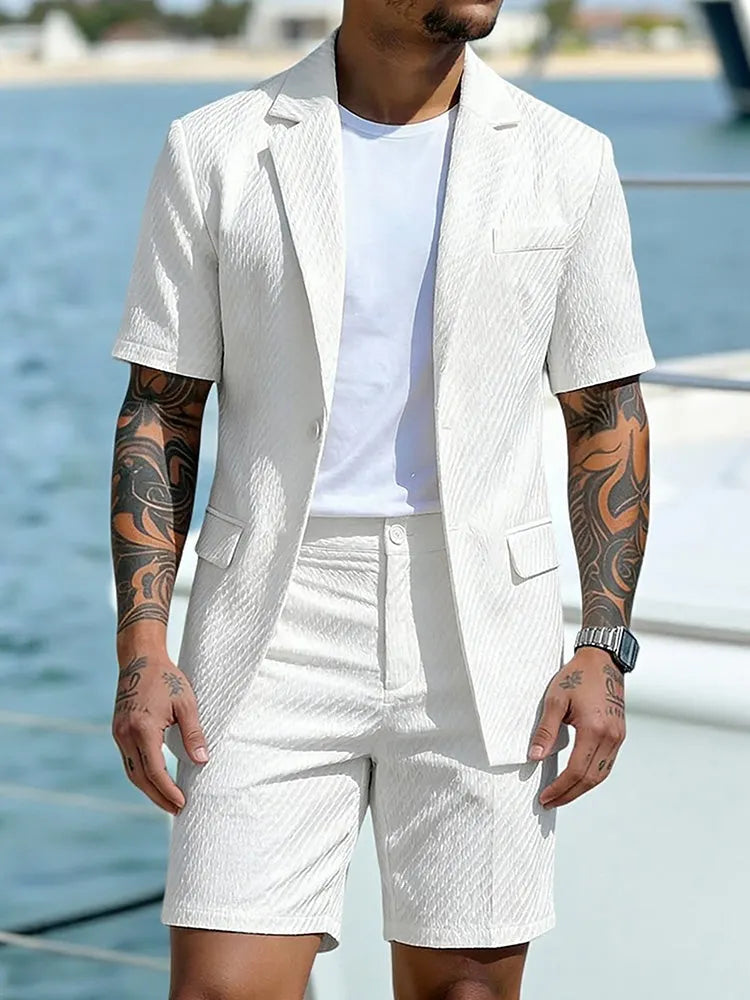 Summer Casual Textured Suit Blazer and Shorts Set