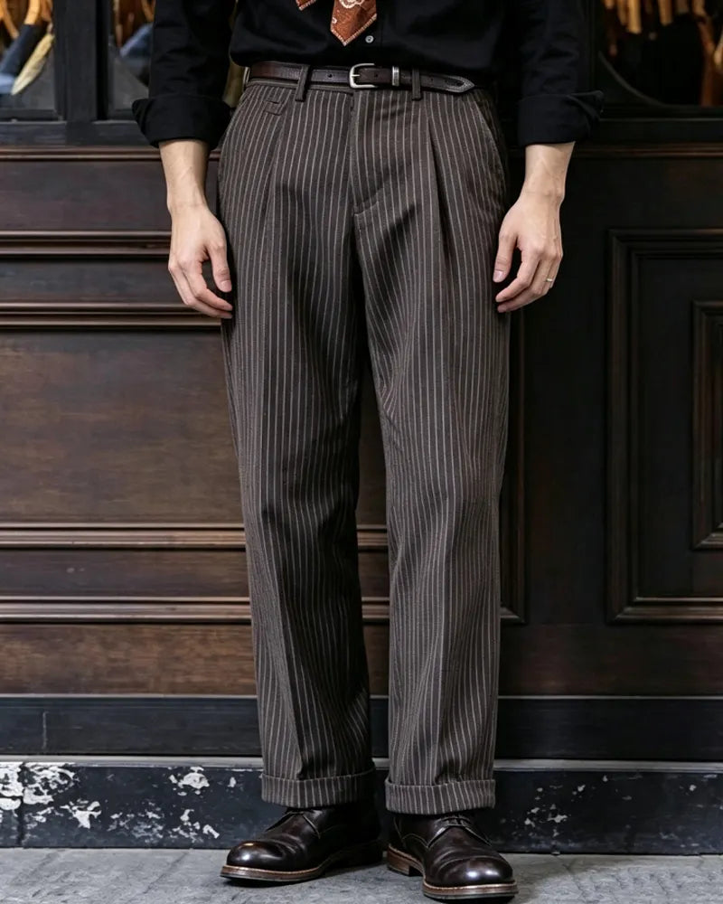 Vintage Dark Brown Pinstripe High Waist Pleated Cuffed Straight©\Leg Trousers