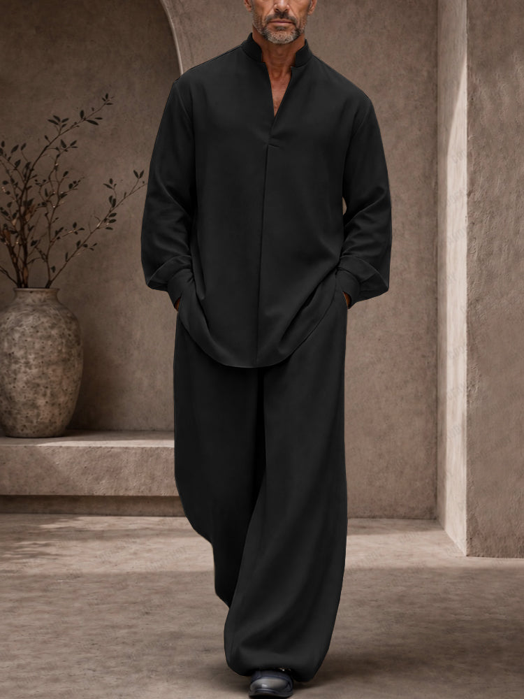 Casual Loose Button Accents Sleeve Shirt Pants Set
