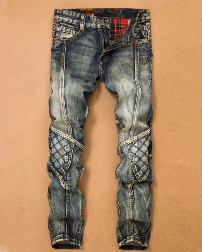 Vintage Faded Blue Gray Diamond Quilted Panel Biker Style Jeans