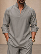 Modern Button Detail Stand Collar Shirt Pants Set