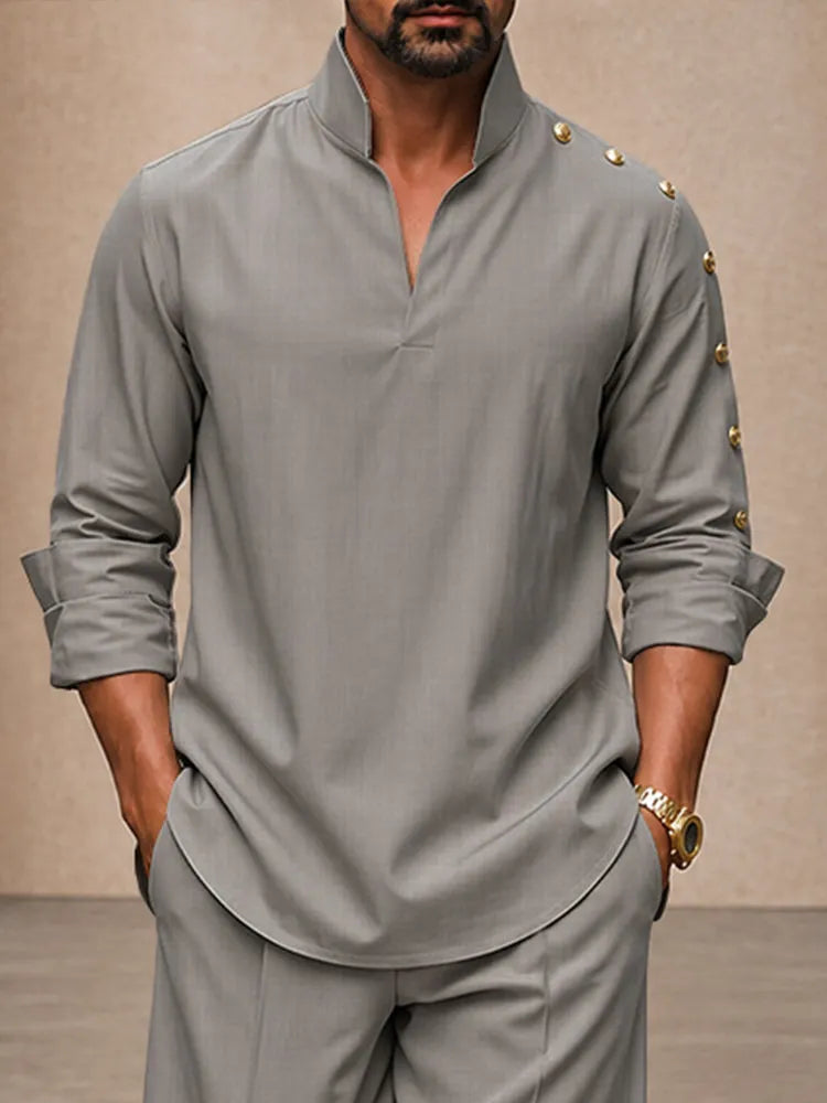 Modern Button Detail Stand Collar Shirt Pants Set