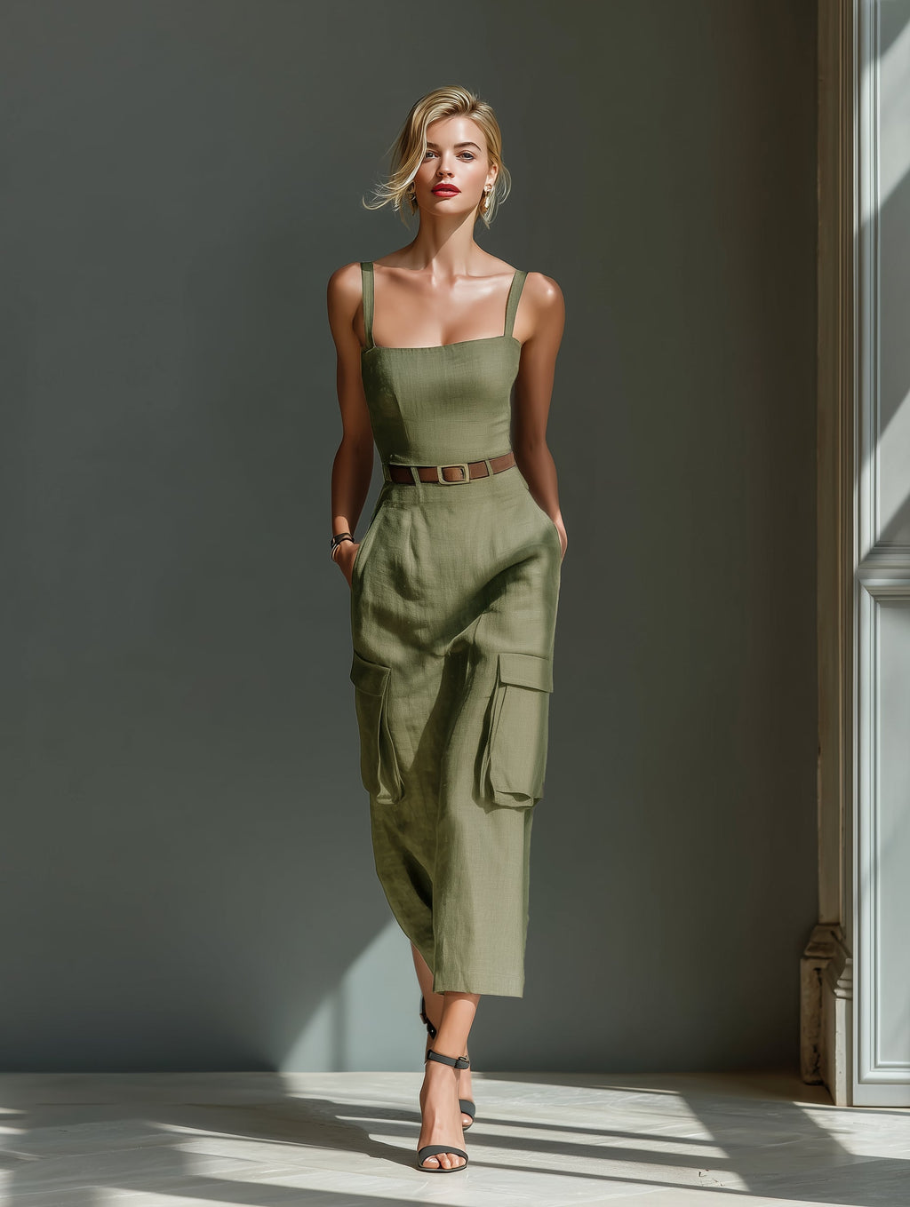 Olive Linen Utility Midi Dress(Includes belt)
