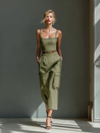 Olive Linen Utility Midi Dress(Includes belt)