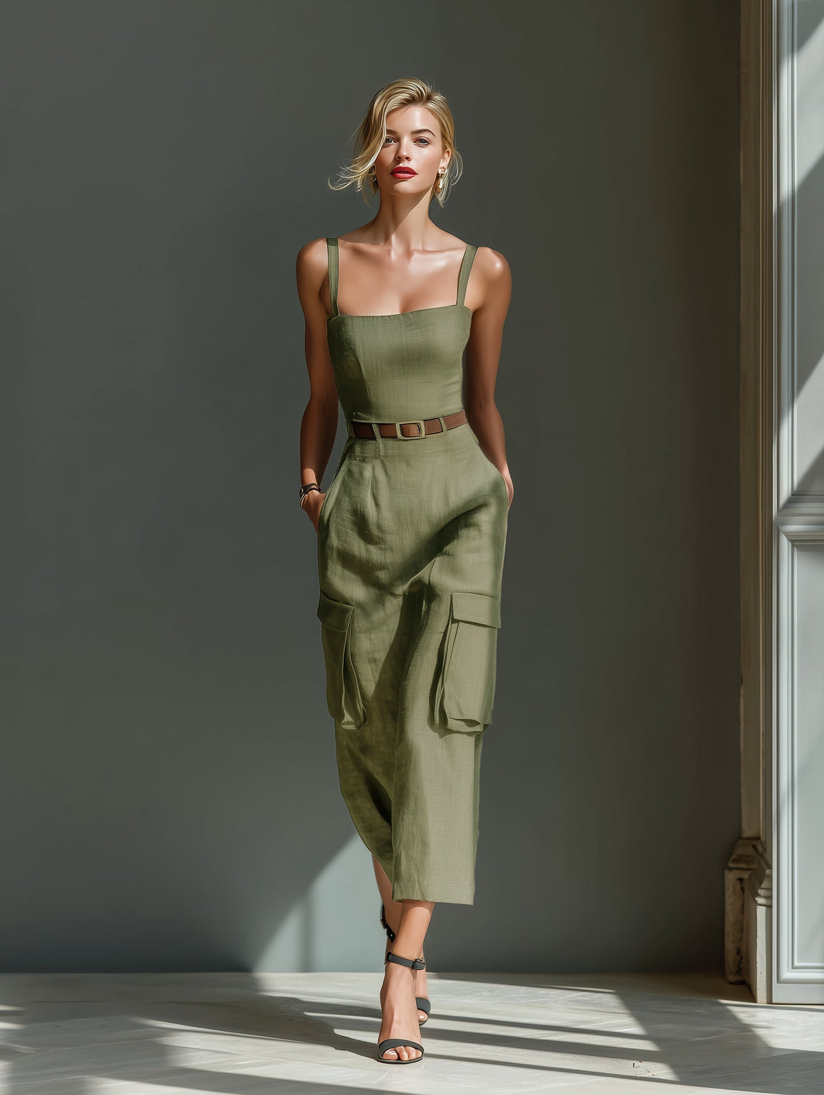 Olive Linen Utility Midi Dress(Includes belt)