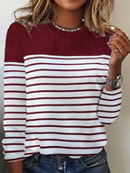 Women's Fashion Casual Striped Printed Loose O-Neck Long Sleeve Pullover T-Shirt