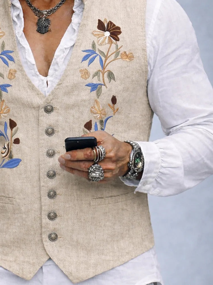 Elegant Cotton Linen Embroidered Vest