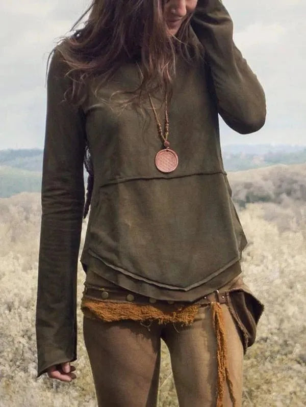 Distressed Long Sleeve Top with Curved Patch Pockets, Topstitching & Curved Hem