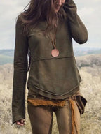 Distressed Long Sleeve Top with Curved Patch Pockets, Topstitching & Curved Hem