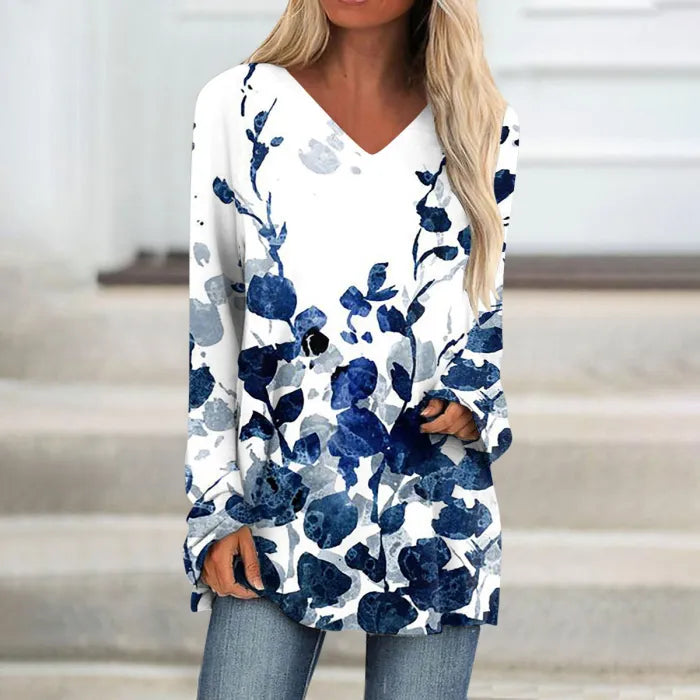 Women's Fashion Long Sleeve Printed V Neck Long Sleeve Top Casual Loose T-Shirts