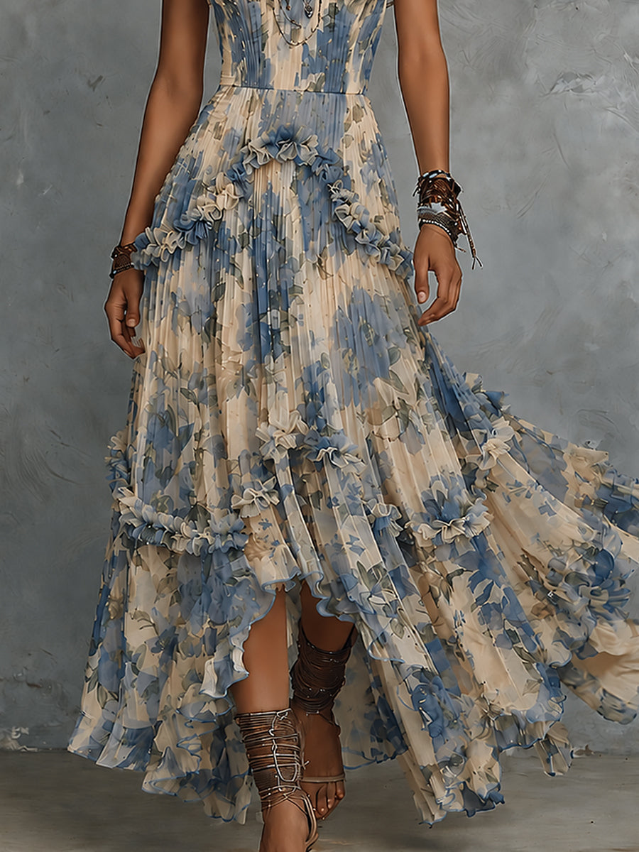 Strapless Printed Chiffon Maxi Dress