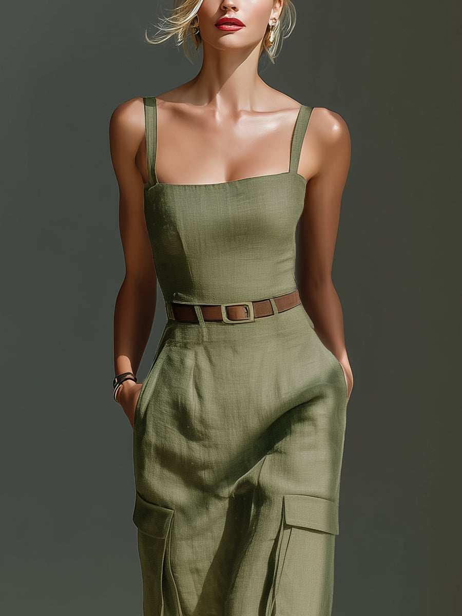 Olive Linen Utility Midi Dress(Includes belt)