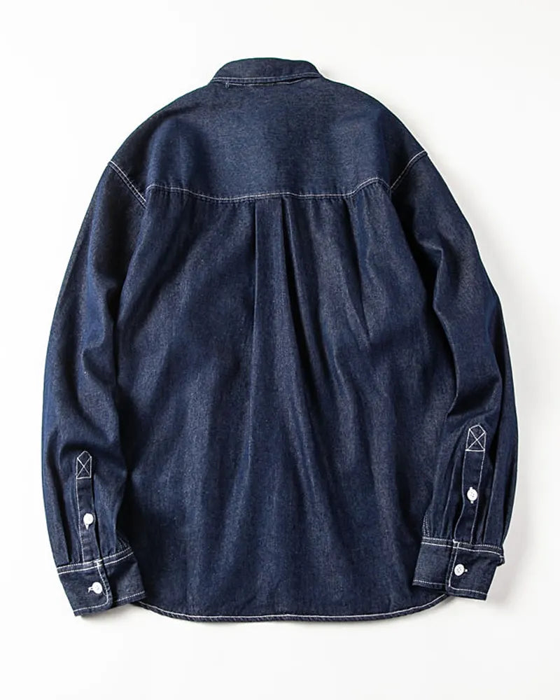 Vintage Contrast Stitch Dual Pocket Loose Long Sleeve Denim Shirt