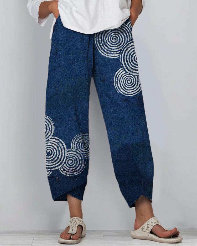 Sea Waves Ripples Japanese Lino Art Casual Pants