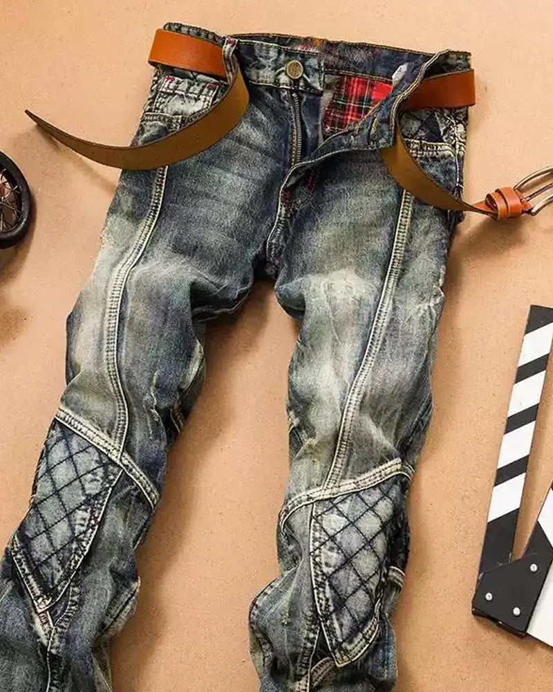 Vintage Faded Blue Gray Diamond Quilted Panel Biker Style Jeans
