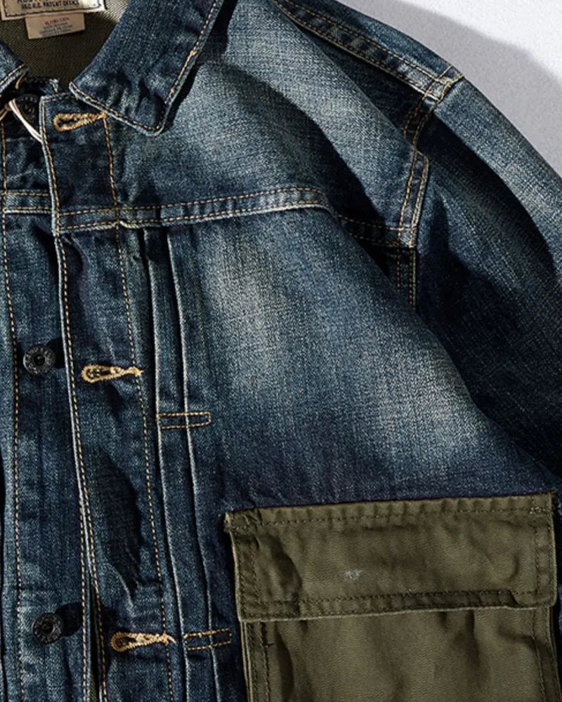 Vintage Asymmetric Canvas Patch Pocket Utilitarian Denim Jacket
