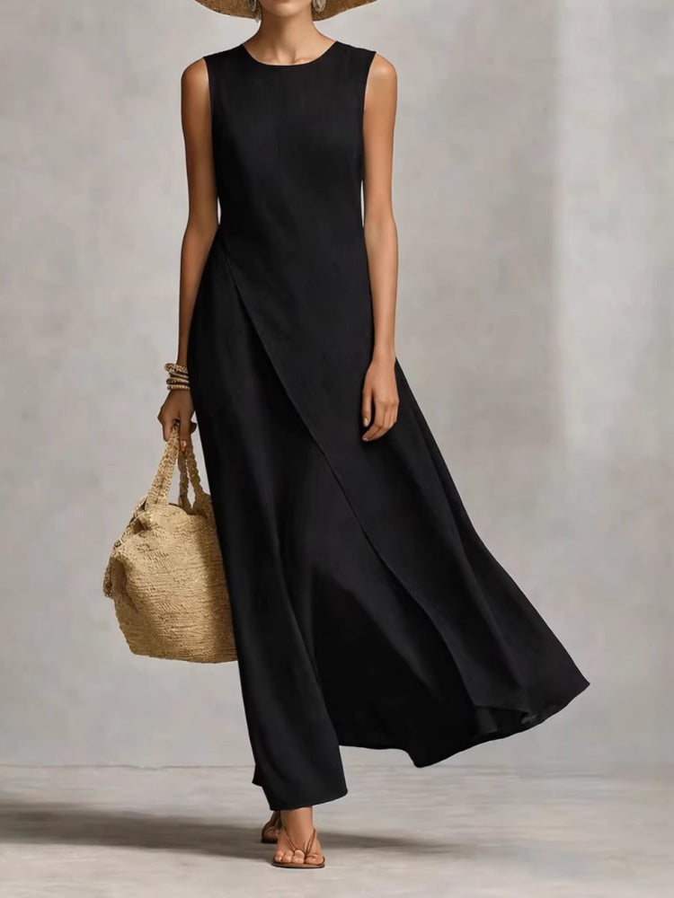 Sleeveless  Asymmetric Hem Ivory Breathable Linen Dress