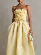 Yellow 3D Flower Strapless Midi Dress