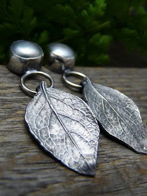Vintage Ethnic Style Natural Leaf Earrings with Gray Pearl and Antique Distressed Finish