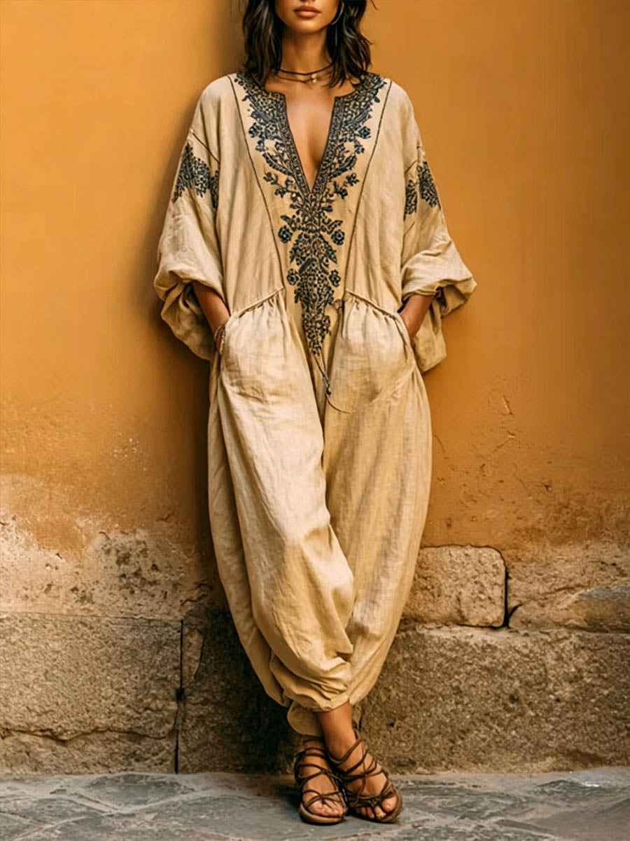 Women's Vintage-print V-neck 3/4-sleeve Casual Loose Cotton-linen Wide-leg Jumpsuit