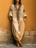 Women's Vintage-print V-neck 3/4-sleeve Casual Loose Cotton-linen Wide-leg Jumpsuit