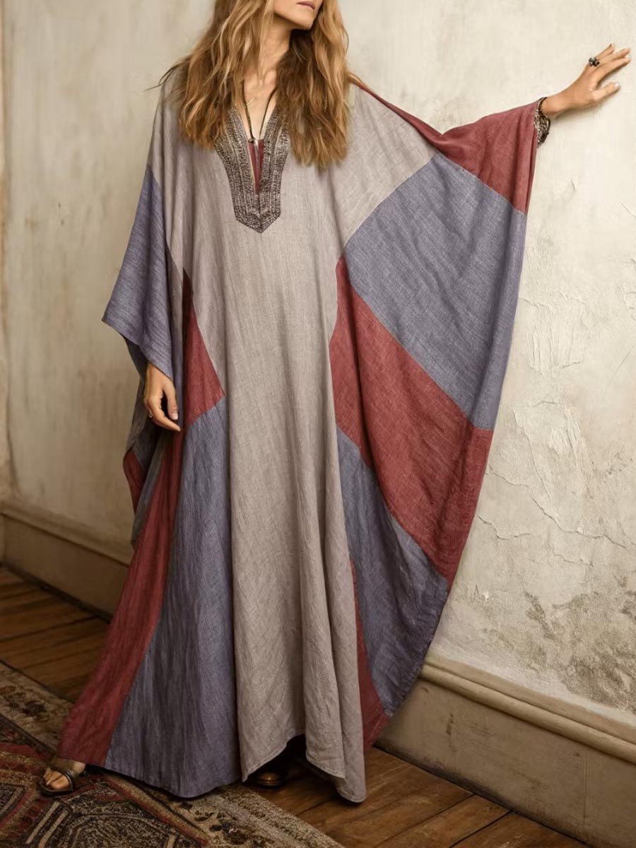 Women's Retro Geometric Print V-neck Long-sleeve Casual Loose Cotton-linen Dress