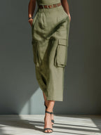 Olive Linen Utility Midi Dress(Includes belt)