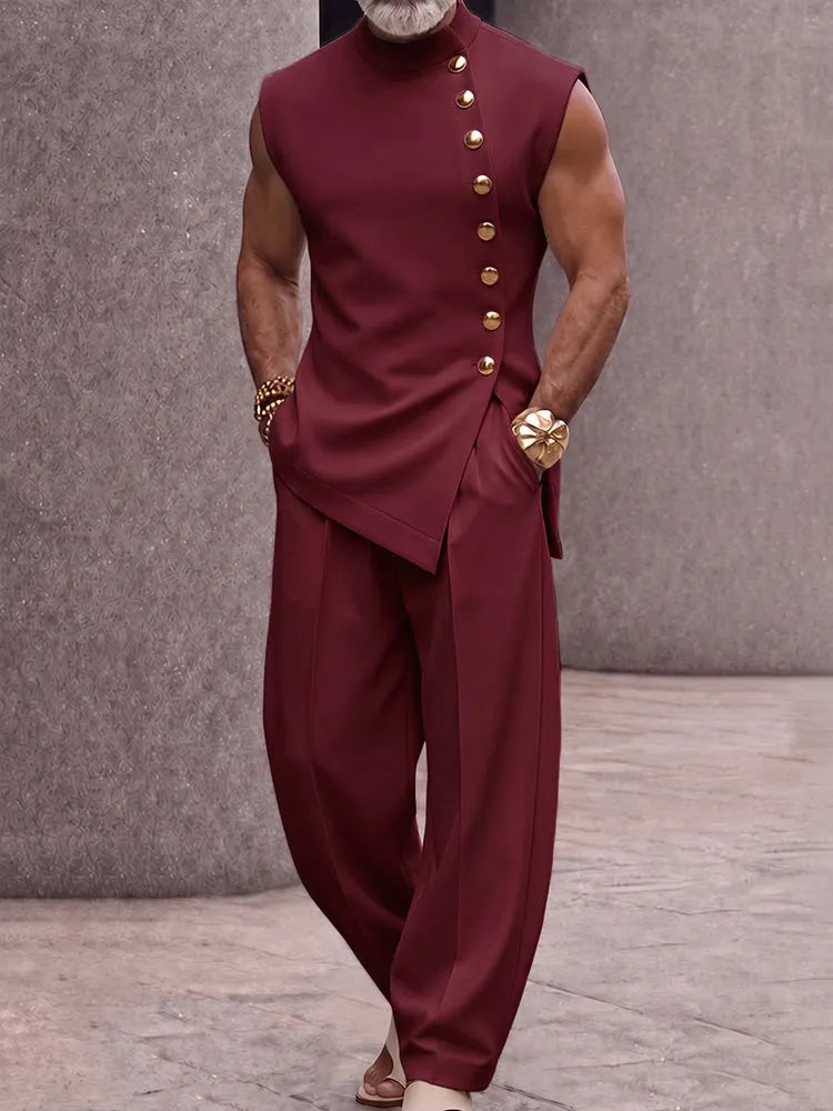 Refined Button Design Sleeveless Top and Pants Set