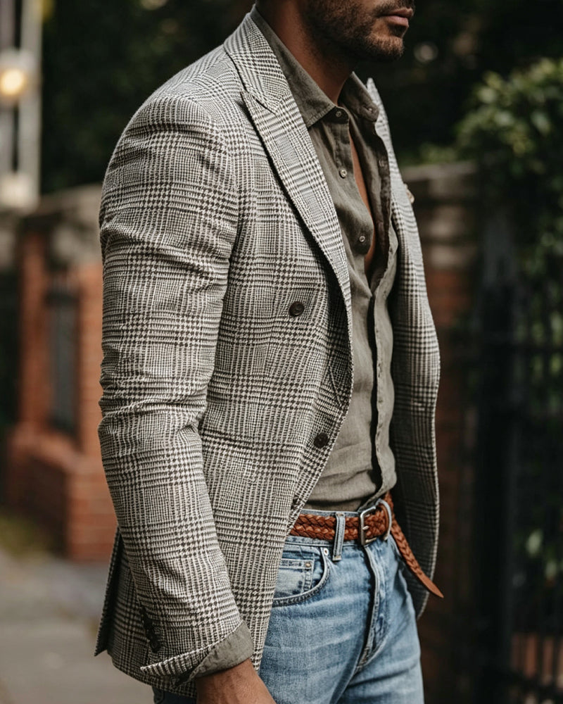 Retro Unstructured Glen Plaid Casual Blazer
