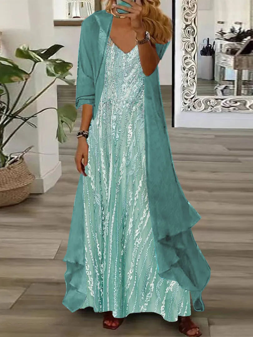 Women's Long Sleeve V-neck Graphic Printed Two Pieces Maxi Dress