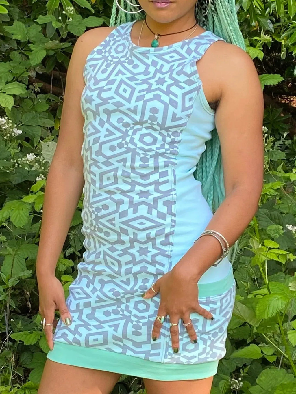 Sleeveless Side Panel Dress / Organic Cotton Blue Sleeveless Dress w/ Pockets