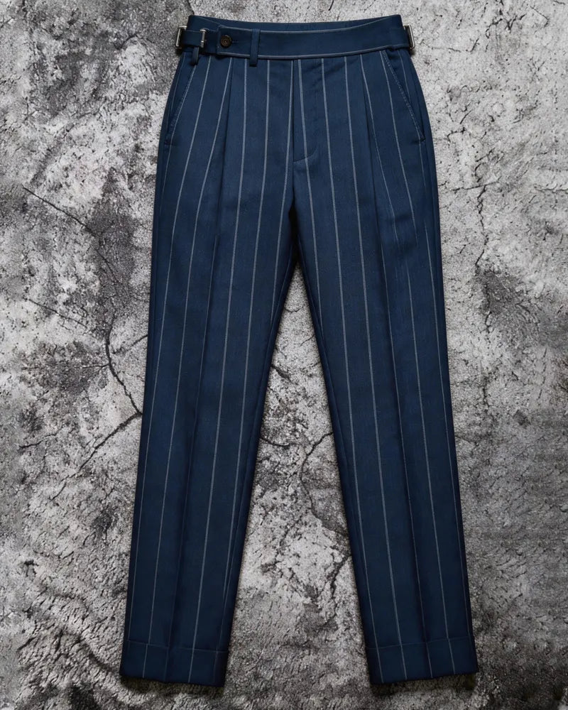 Vintage Navy Dual-Tone Pinstripe Double Pleat Side Adjuster Trousers