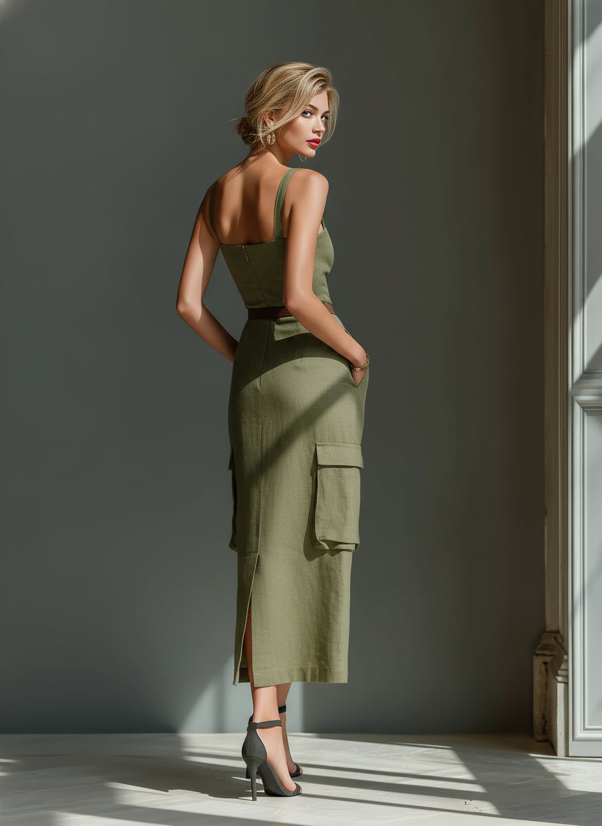 Olive Linen Utility Midi Dress(Includes belt)