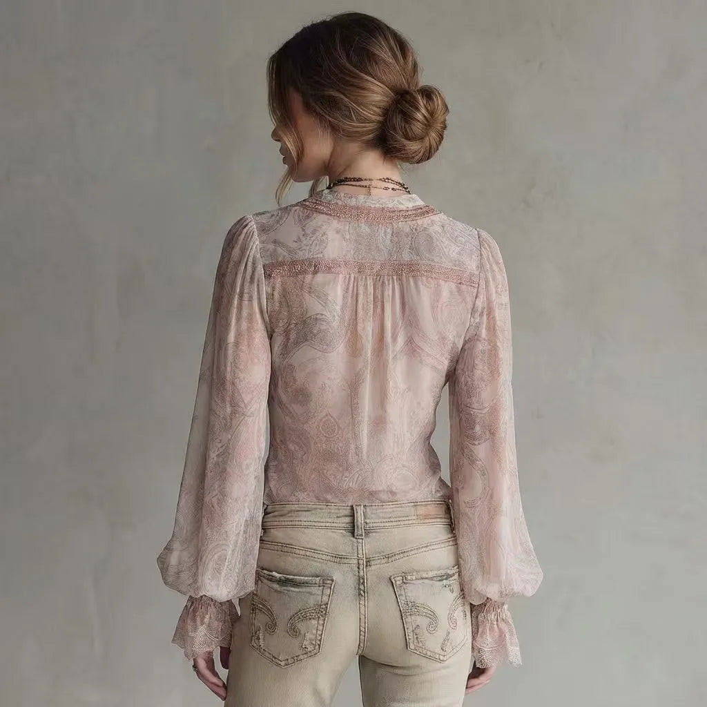 Retro Vintage Sienna Sheer Paisley Lace Trim Blouse